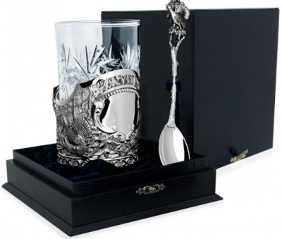 Серебряный набор для чая «Глухарь» с чернением в подарочном футляре